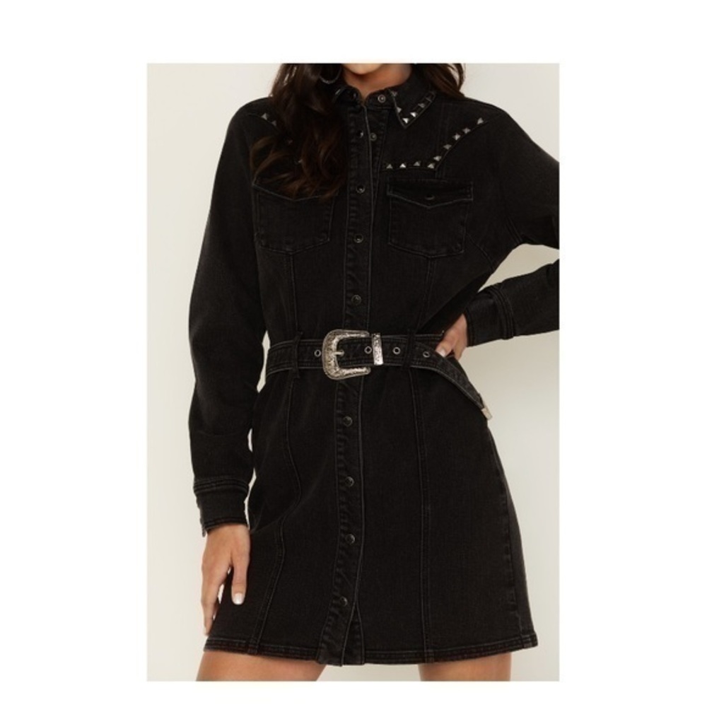 Idyllwind Black Studded Button-Front Denim Mini Dress with Silver Buckle